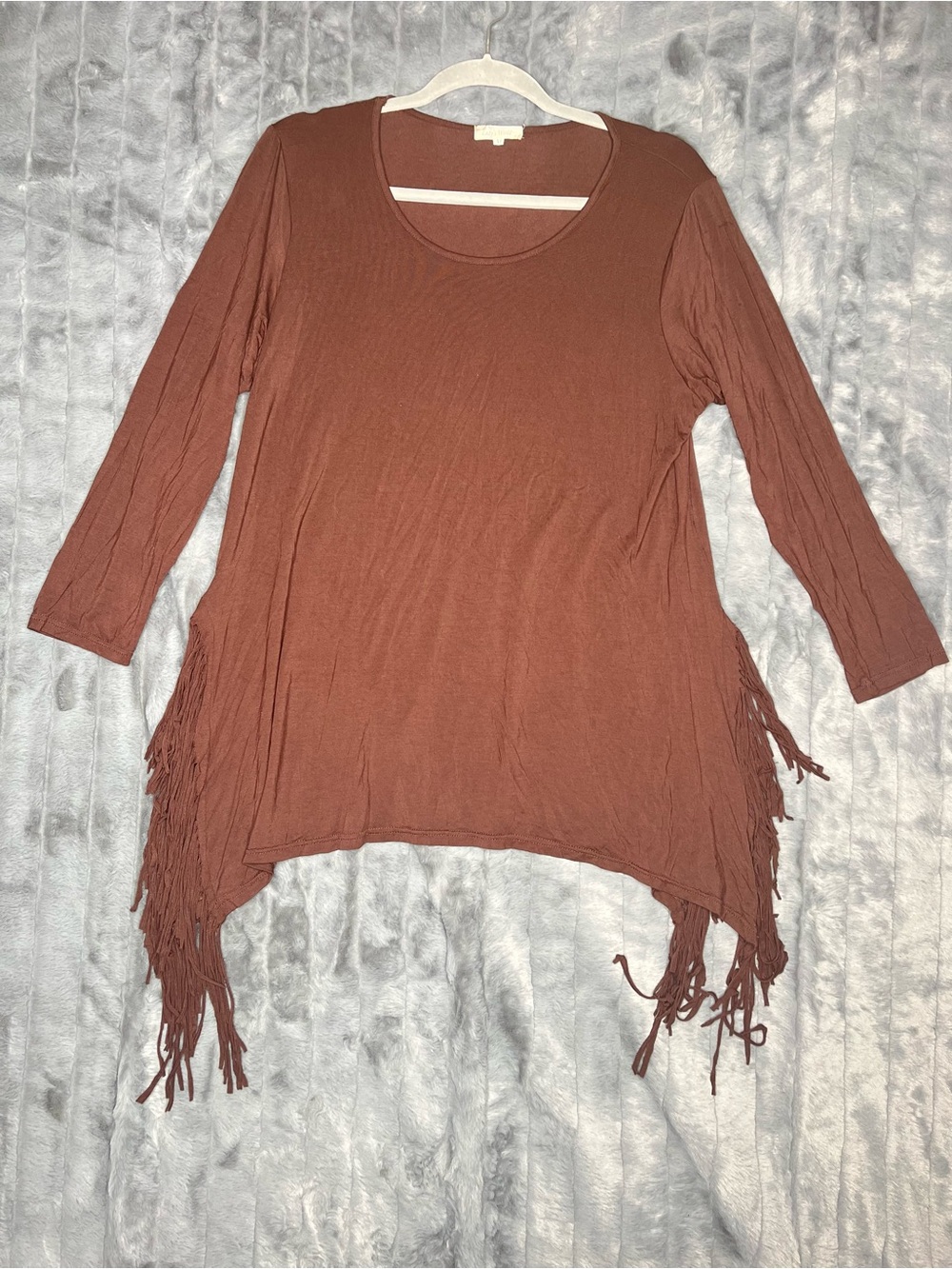 Brown Boho Fringe Tunic Top Long Sleeve Asymmetrical Hem Hippie Western M